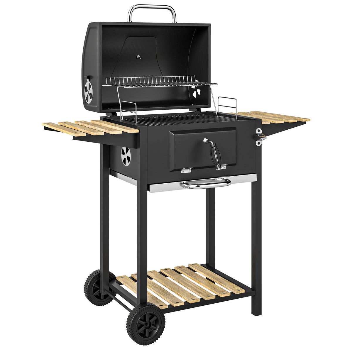 Outsunny Charcoal BBQ Grill with Adjustable Charcoal Pan, Barbecue Smoker with Warming Rack, Black