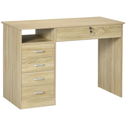 HOMCOM Computer Desk with 5 Drawers, Home Office Desk with Lockable Drawer and Storage Shelf, Study Table for Bedroom, 110 x 50 x 76 cm, Oak
