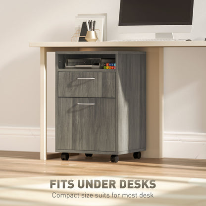 HOMCOM Filing Cabinet, Mobile File Cabinet with 2 Drawers, Office Home Organiser on Wheels for A4, Letter-Size File Folders, Mobile Printer with Open Shelf, Grey