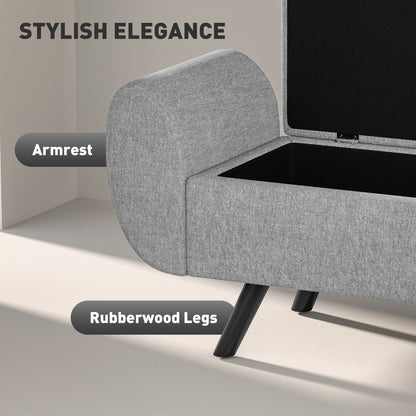 HOMCOM Storage Ottoman with Armrest, Window Seat, Upholstered Linen Storage Bench with Rubberwood Legs, Footstool for Bedroom Living Room, Hallway, Dark Grey