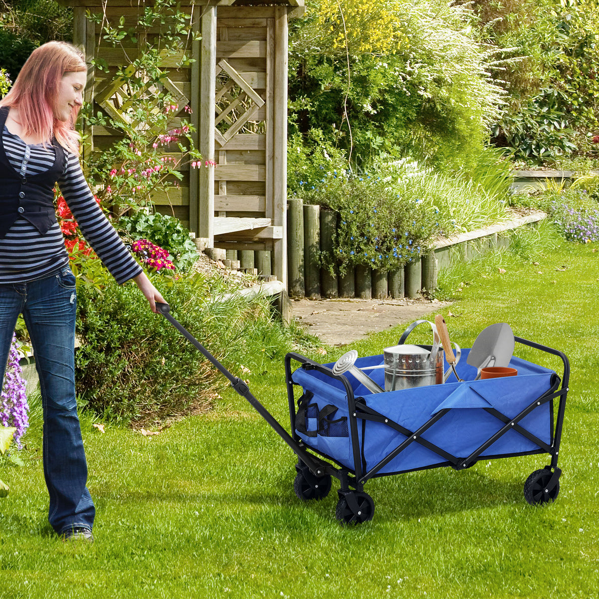 Outsunny 93L Festival Trolley on Wheels, Garden Folding Trolley Cart, 100kg Heavy Duty Collapsible Folding Wagon with Adjustable Handle and Carrying Bag for Beach, Camping, Festival, Blue