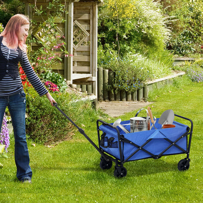 Outsunny 93L Festival Trolley on Wheels, Garden Folding Trolley Cart, 100kg Heavy Duty Collapsible Folding Wagon with Adjustable Handle and Carrying Bag for Beach, Camping, Festival, Blue