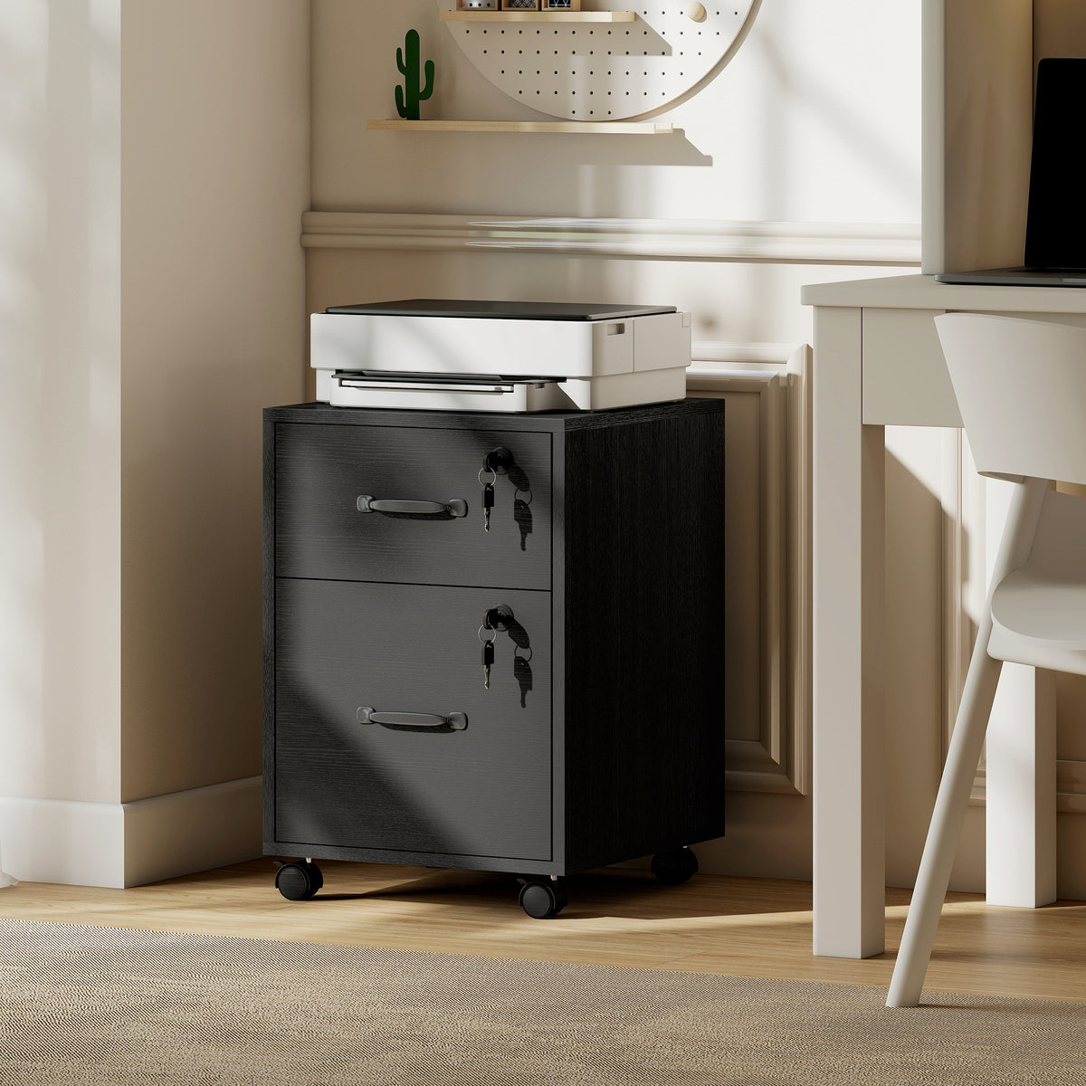HOMCOM Rolling File Cabinet with 2 Drawers, Mobile Filing Cabinet with Hanging File Folder for Letter Sized Documents, Black