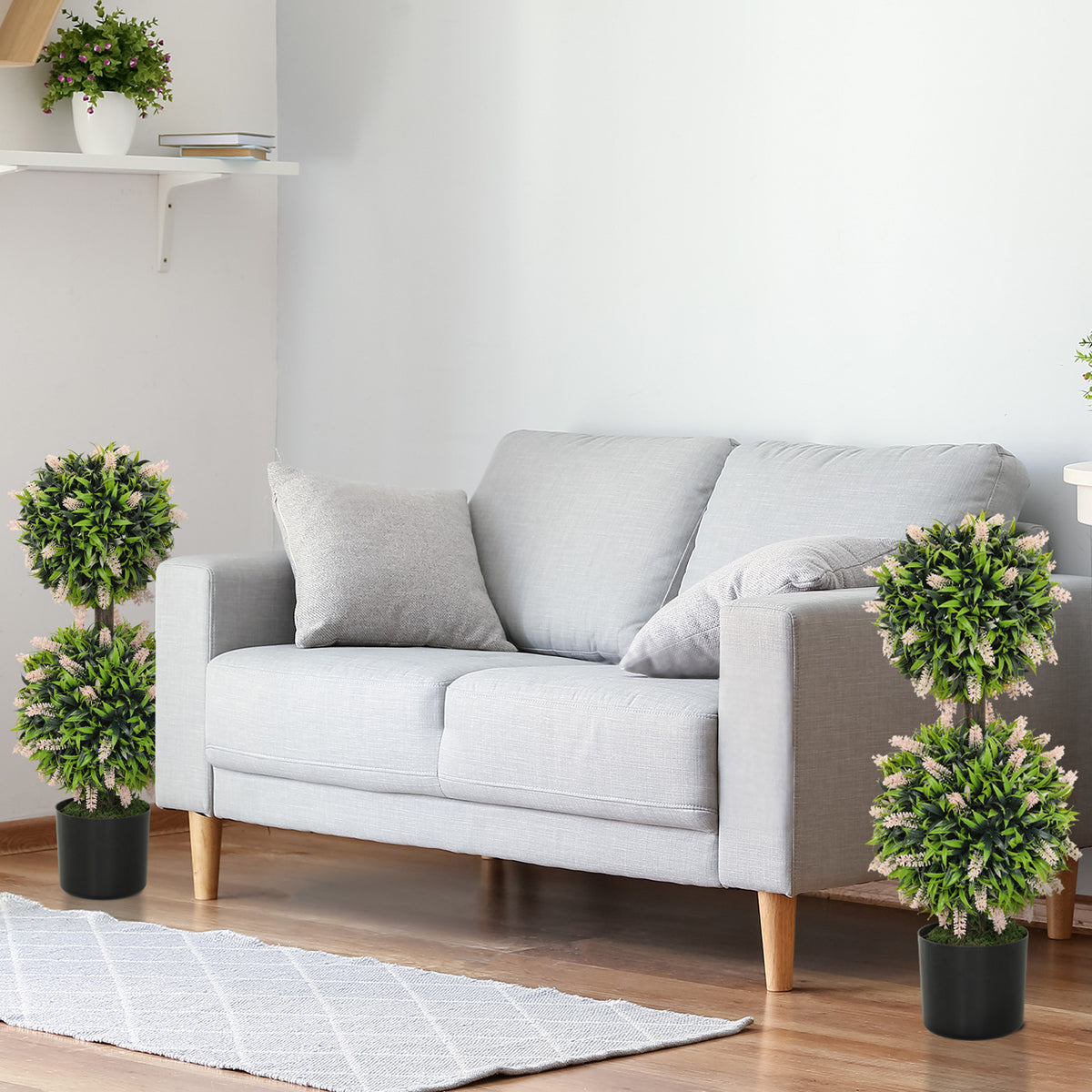 HOMCOM Set of 2 Artificial Plants, Lavender Flowers Ball Trees with Pot, for Home Indoor Outdoor Decor, 70cm