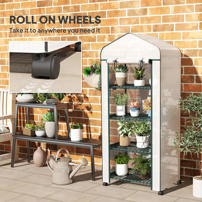 Outsunny 4 Tier Mini Portable Greenhouse Compact Plant Grow Shed Metal Frame PE Cover with Lockable Rolling Wheels, White