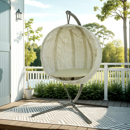 Outsunny Hanging Egg Chair Outdoor Indoor Garden Swing Chair with Folding Basket, Thickened Cushion, Cup Holder for Patio, Balcony, Khaki