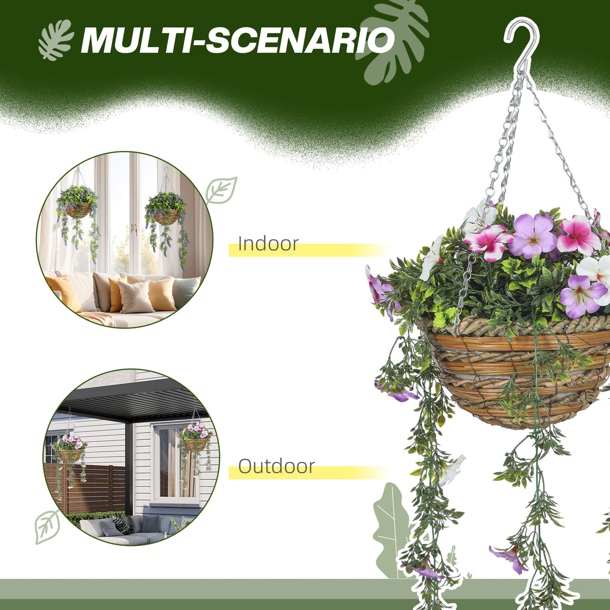 HOMCOM Set of 2 Artificial Silk Azalea Flowers, Hanging Planters with Basket, Faux Plants for Home Indoor Outdoor Decor, Pink and White
