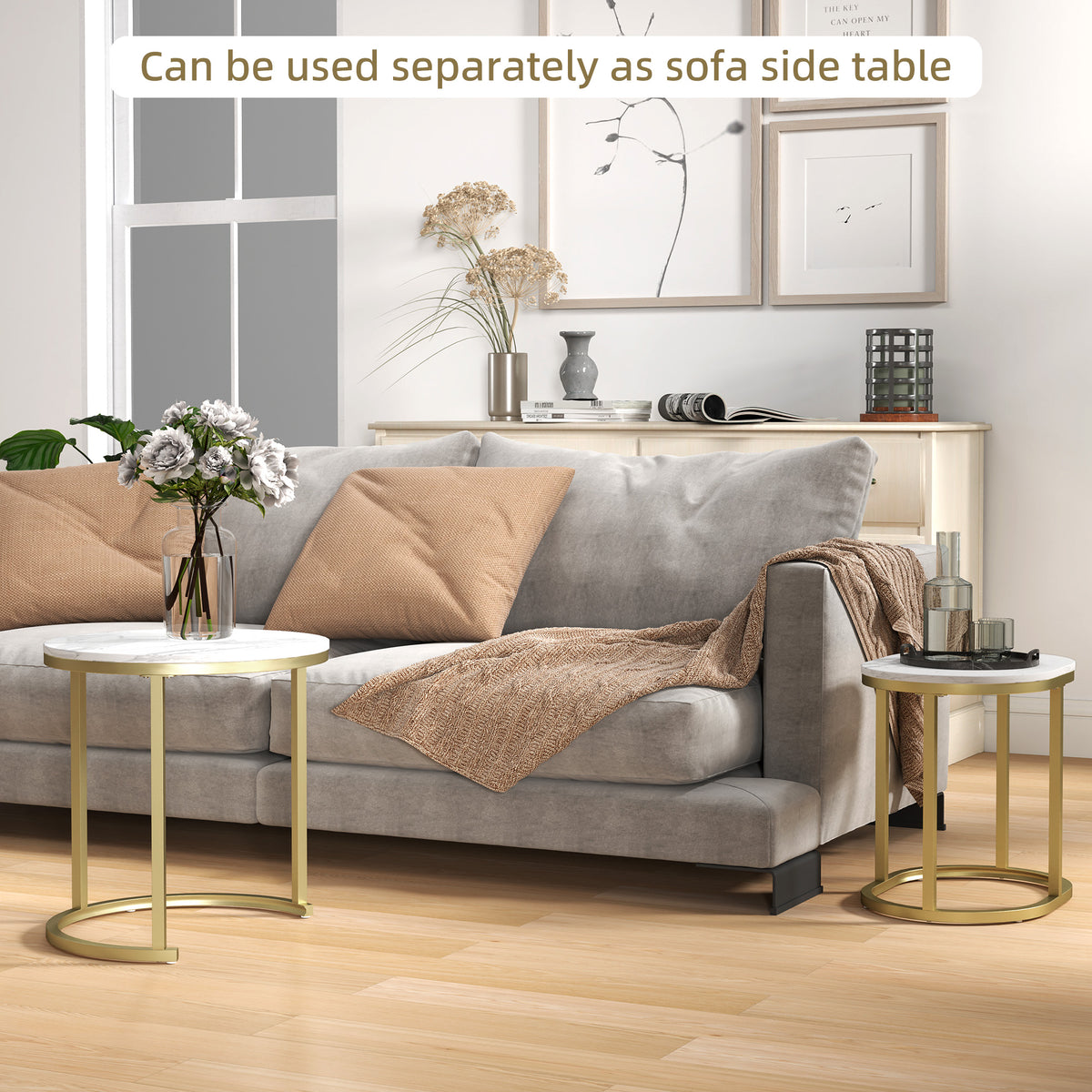 HOMCOM Nest of Tables with Steel Frame and Faux Marble Tabletop, Modern Coffee Table Set of 2, Gold Tone/White