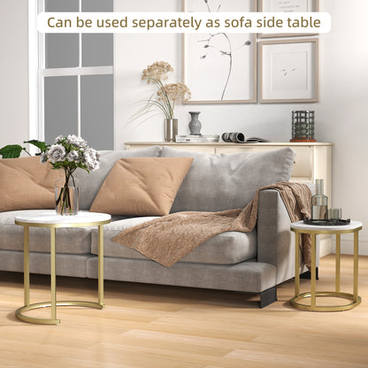 HOMCOM Nest of Tables with Steel Frame and Faux Marble Tabletop, Modern Coffee Table Set of 2, Gold Tone/White