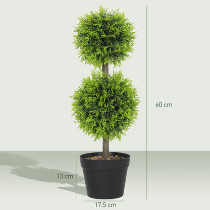 HOMCOM Set of 2 Decorative Artificial Trees, Topiary Ball-shaped Boxwood Trees in Pot with Cypress Leaves, Fake Plants for Home Indoor outdoor Decor, 60cm, 2 Tree Balls