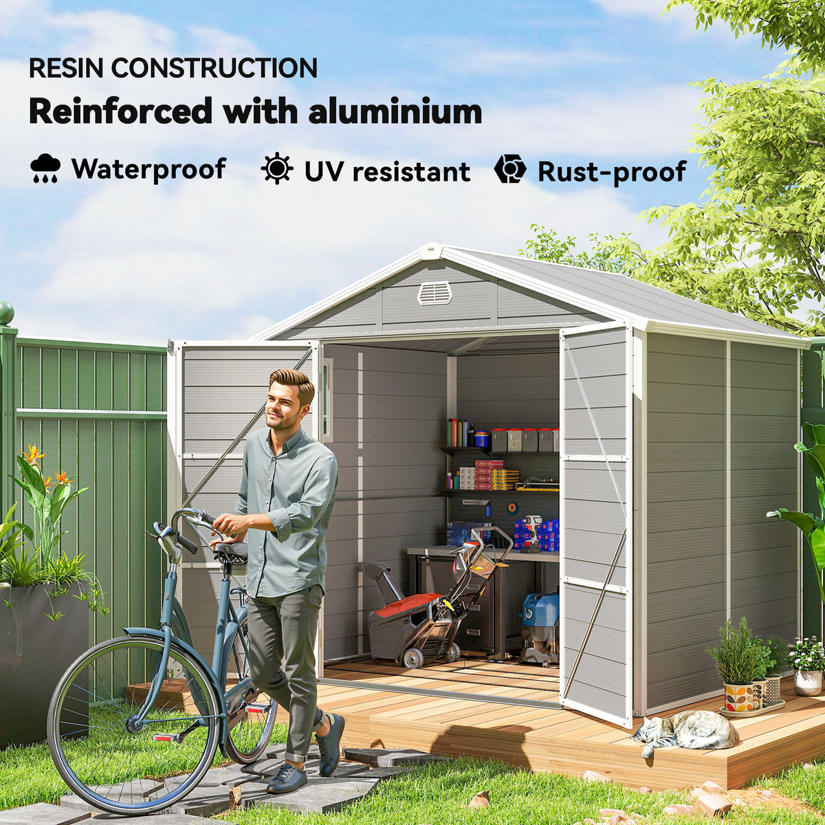 Outsunny 7.9ft x 6.2ft Aluminium Frame Rust Resistance Waterproof Shed, with Galvanised Foundation - Light Grey