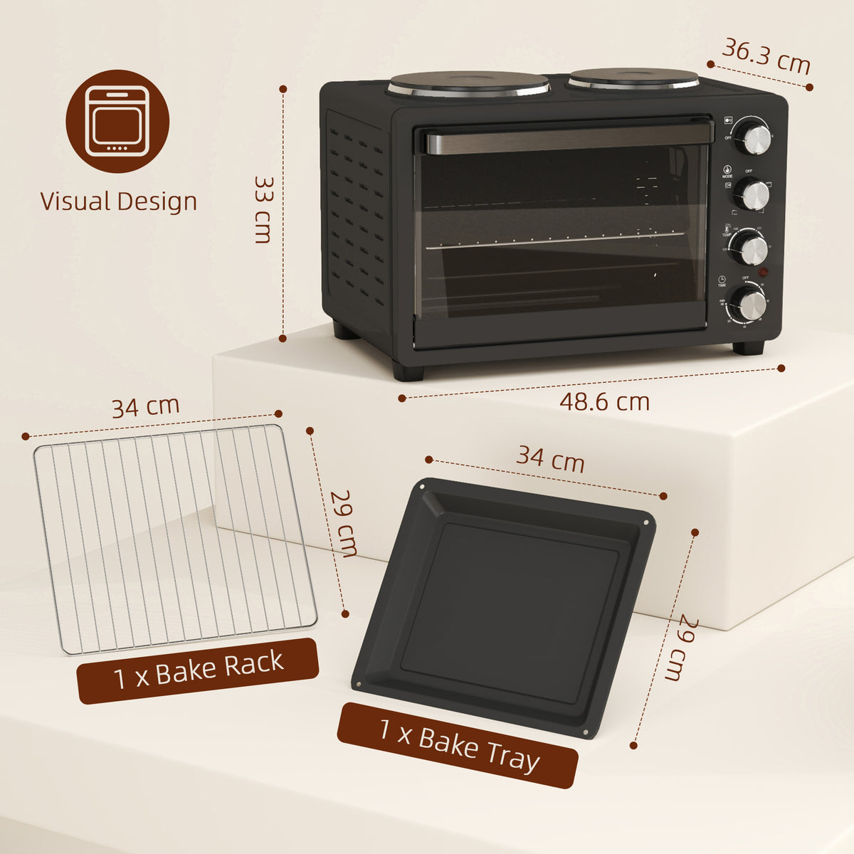 HOMCOM 28L Toaster Oven with Double Hotplate, 1600W Countertop MIni Oven with 60 Minute Timer & 230°C Temp Control, Baking Tray & Wire Rack, Black