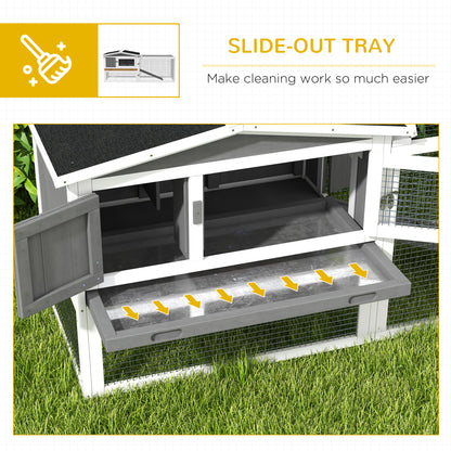 PawHut Rabbit Hutch with Ramp Wooden Guinea Pig Hutch Outdoor Bunny Cage with Sliding Tray, Hay Rack, Grey