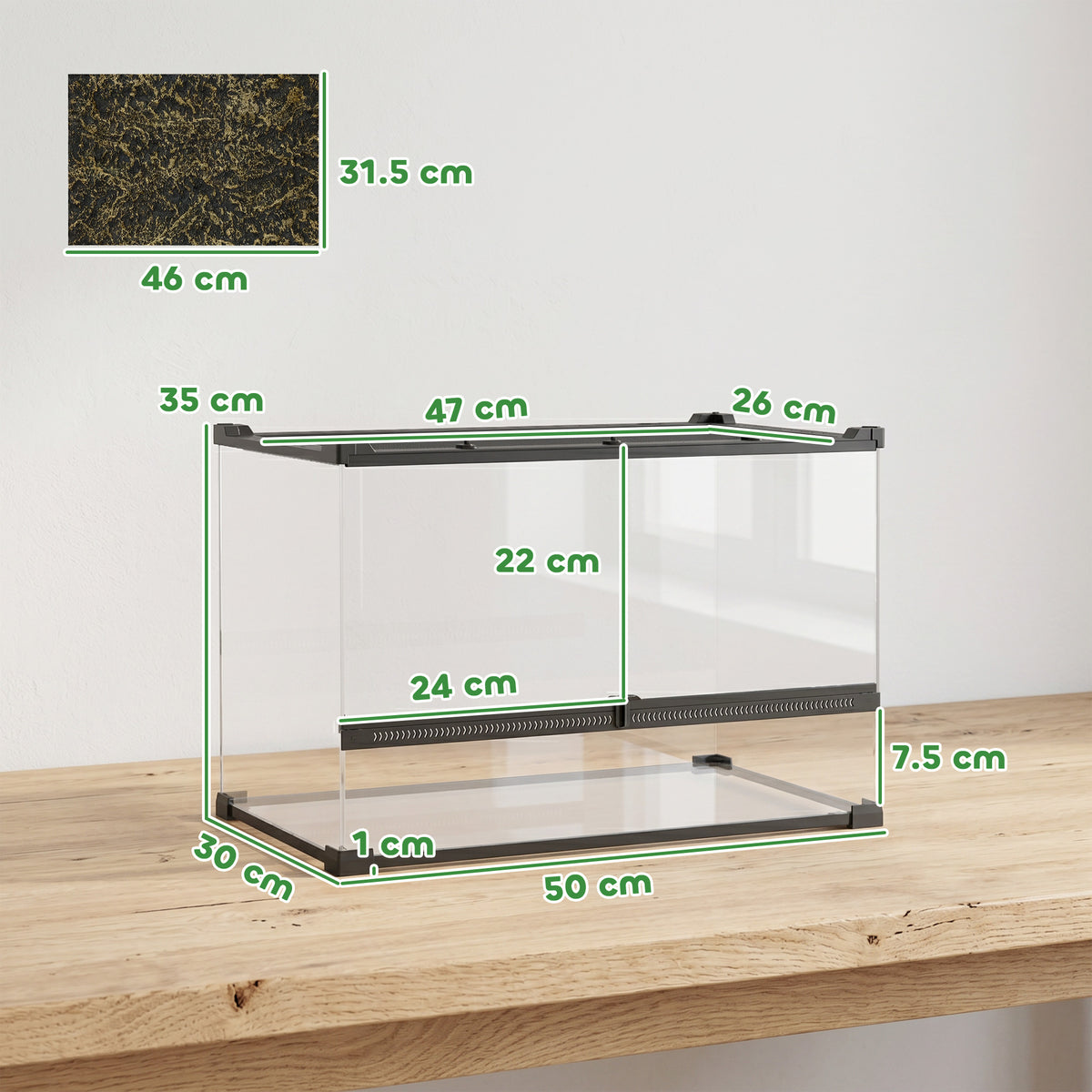 PawHut Reptile Glass Terrarium with Stone Background, Front Ventilation, Escape-Proof Knob Lock, 50 x 30 x 35 cm, Black