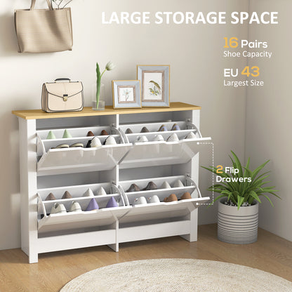 HOMCOM Slim Shoe Cabinet, Narrow Shoe Cupboard with 4 Flip Drawers, Adjustable Shelves for 16 Pairs of Shoes, White