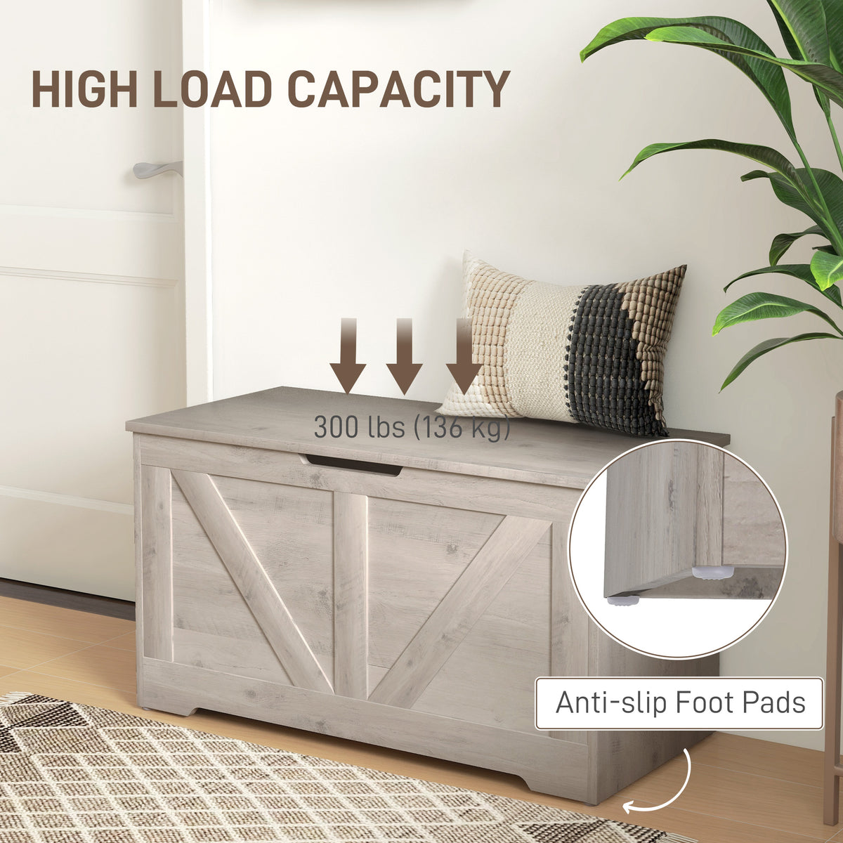 HOMCOM 100L Home Storage Box, with Safety Hinge - Grey Wood-Effect