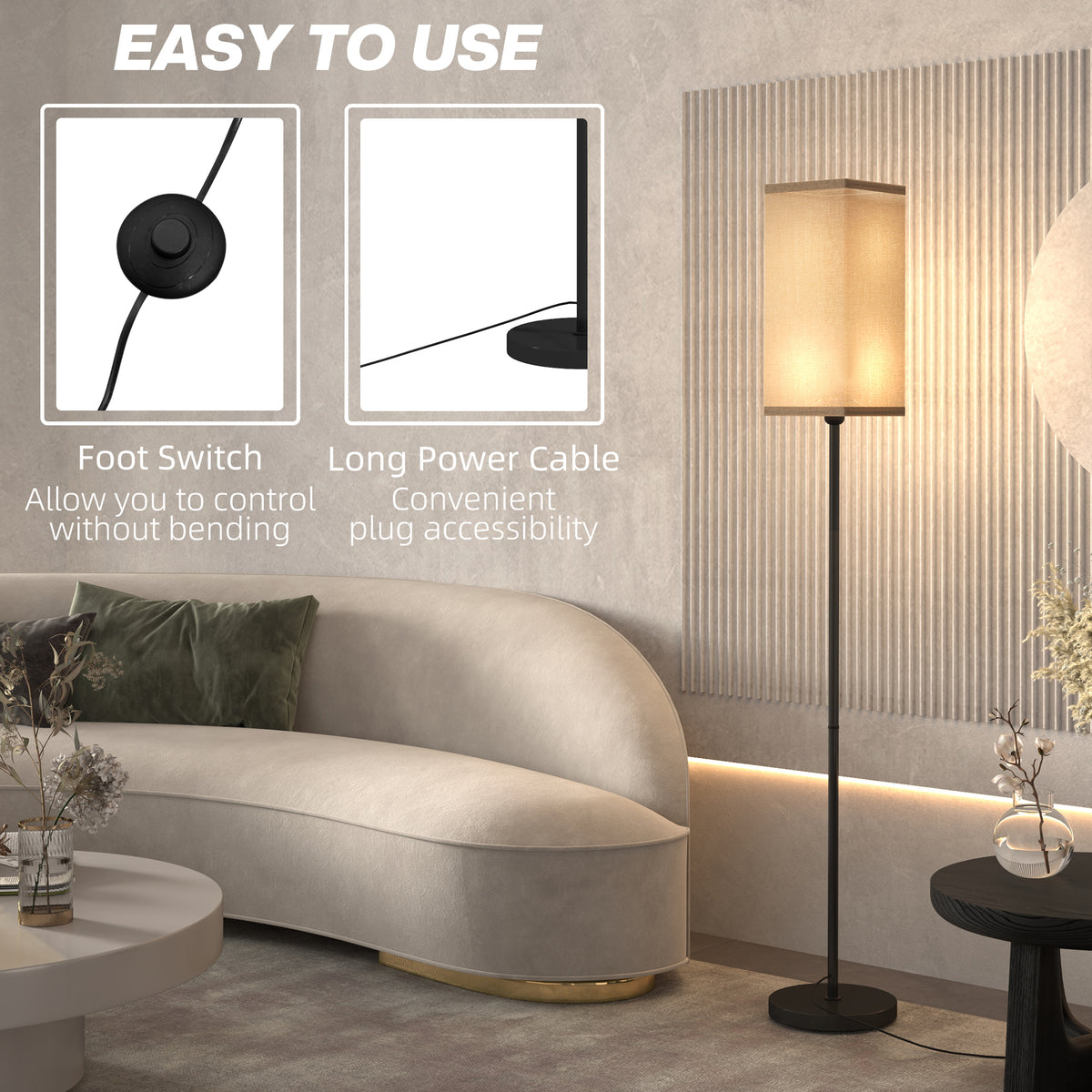 HOMCOM Floor Lamp, Modern Standing Lamp with Linen Shade and Foot Switch, Tall Lamps for Bedroom, Bulb not Included, Black