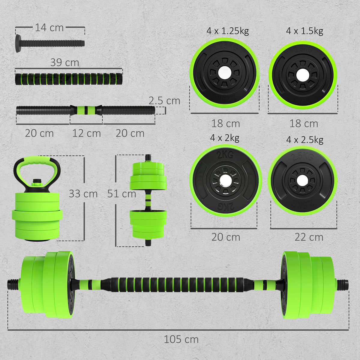 SPORTNOW 30kg 6-In-One Adjustable Weight Dumbbells Set, Barbell, Kettlebell, Push Up Stand - Green
