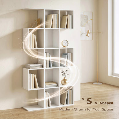 HOMCOM 5-Tier Bookshelf, S Shaped Geometric Bookcase with 15 Compartments, White Wood Effect