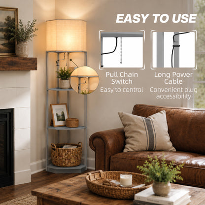 HOMCOM Corner Floor Lamp with Shelves, Tall Standing Lamps for Living Room, with Pull Chain Switch Bulb not Included, Grey