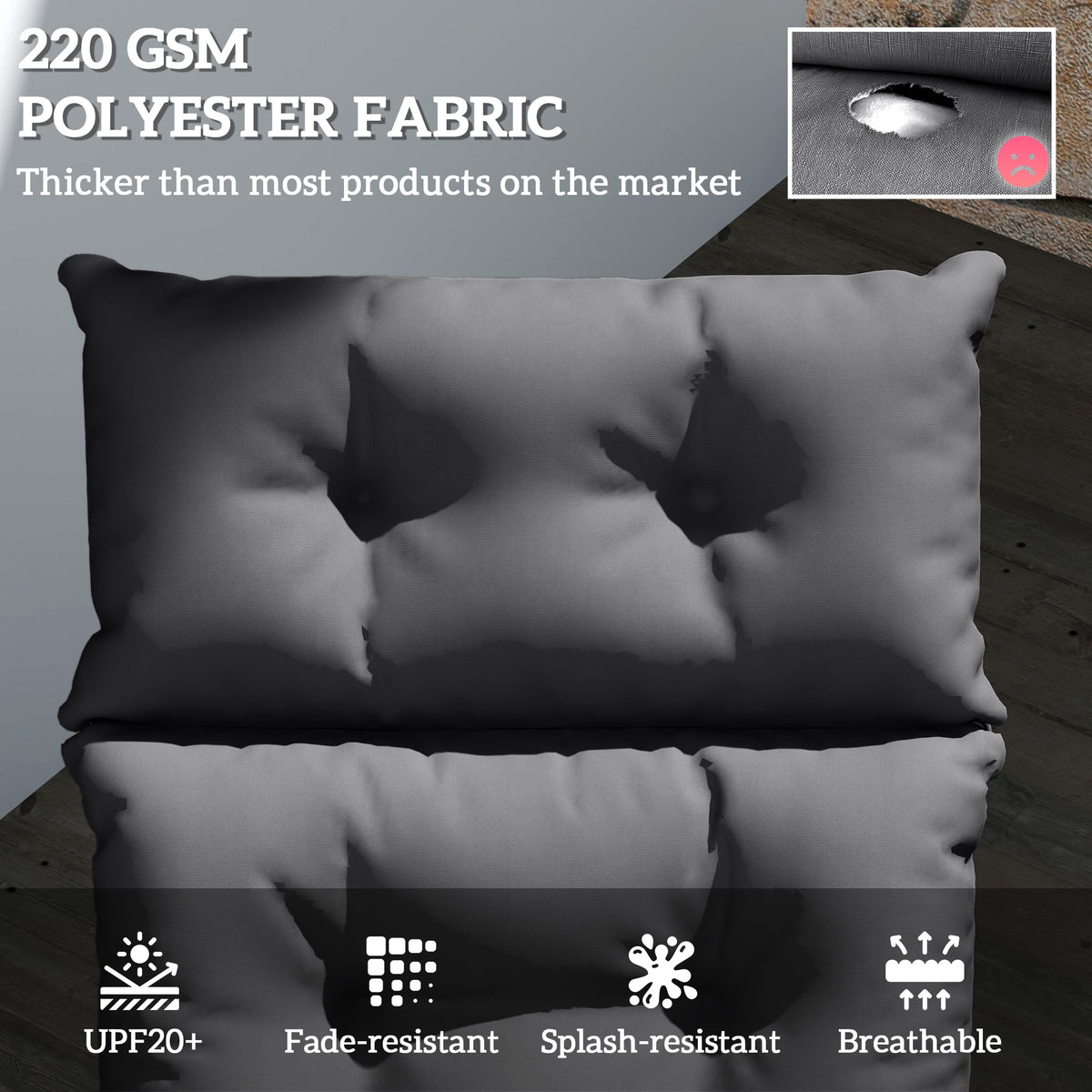 Outsunny Sun Lounger Cushion Only, 190 x 56 x 10 cm Garden Lounge Chair Cushion, UPF20+ 220gsm Fabric, Thick Sunbed Replacement Pad with 6 Ties, Dark Grey