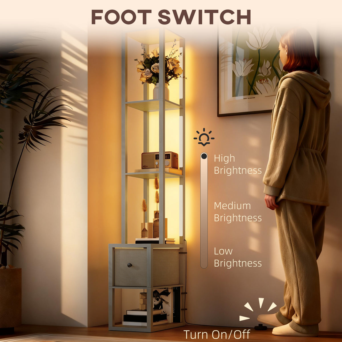 HOMCOM Floor Lamp with Shelves, LED Column Modern Standing Lamp with Fabric Drawer, Adjustable Brightness, Foot Switch for Living Room, Bedroom, Office, Grey