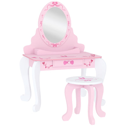 AIYAPLAY Kids Dressing Table Set, Vanity Table with Stool, Mirror, Drawer, Desktop, Storage, Ballet-Theme, Pink