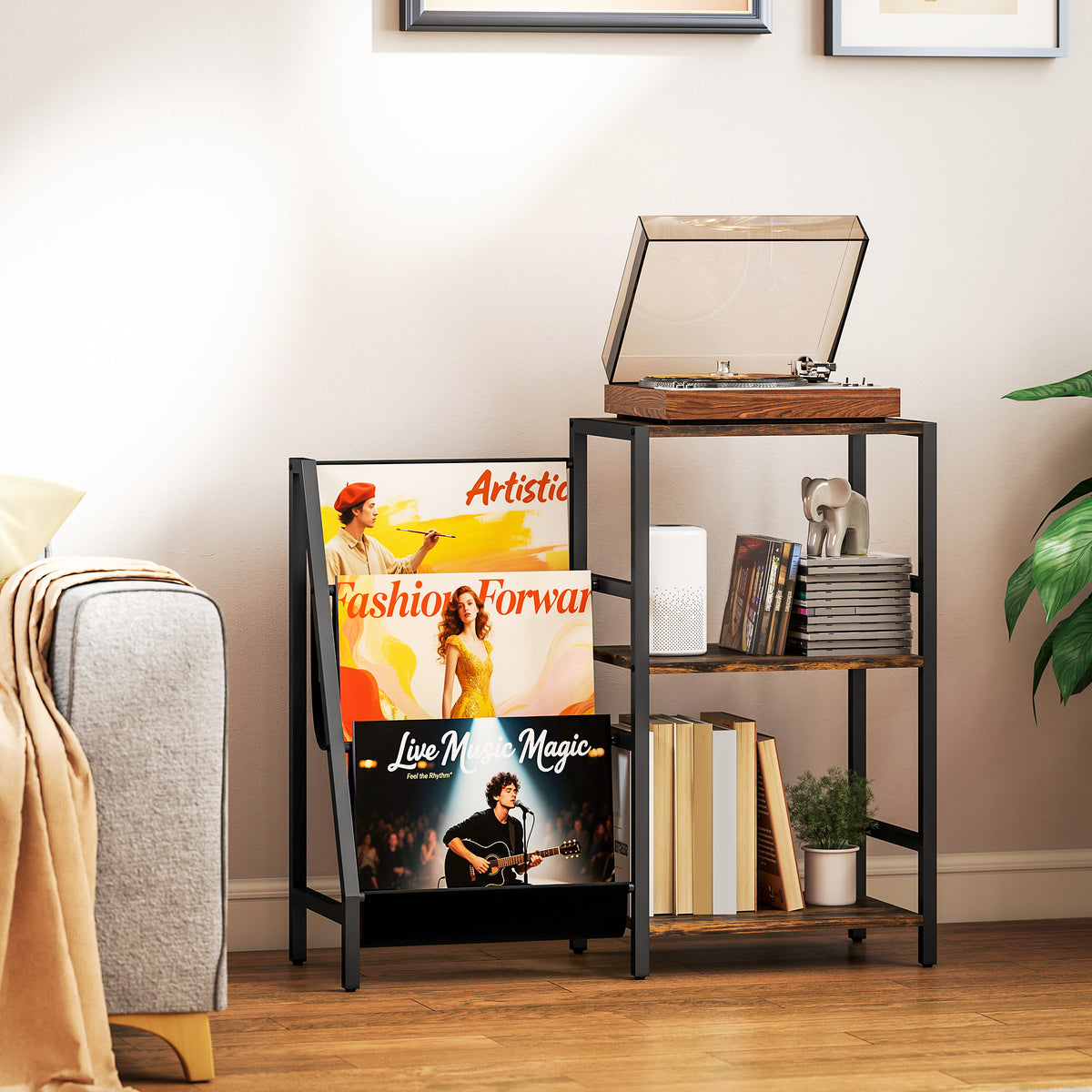 HOMCOM 3-Tier Record Player Stand, End Table for Living Room, Bedroom - Rustic Brown
