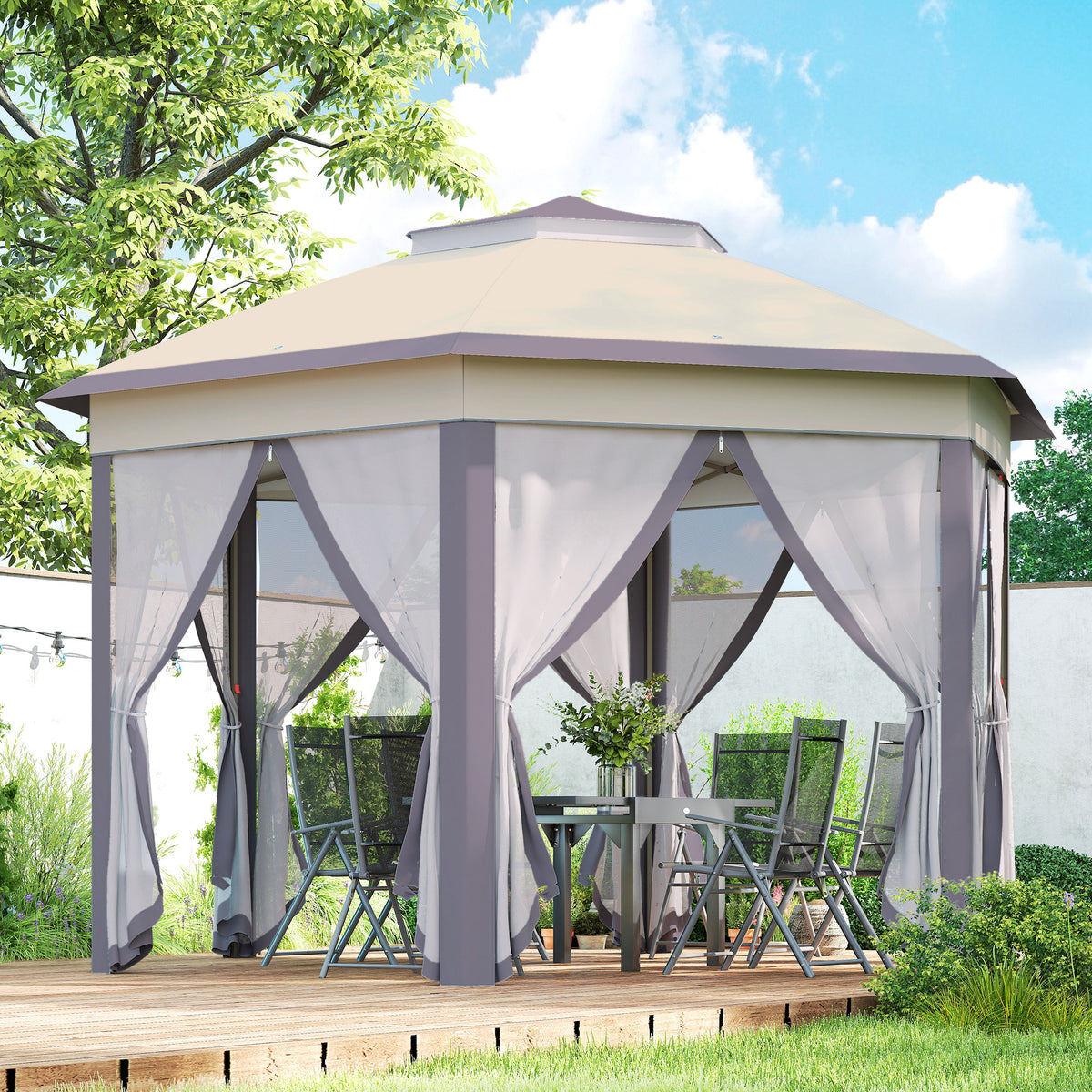 Outsunny 3 x 4m Garden Gazebo Hexagon Pop Up Gazebo Party Tent Canopy Double Roof Instant Shelter with Netting and Carry Bag for Outdoor Patio, Beige