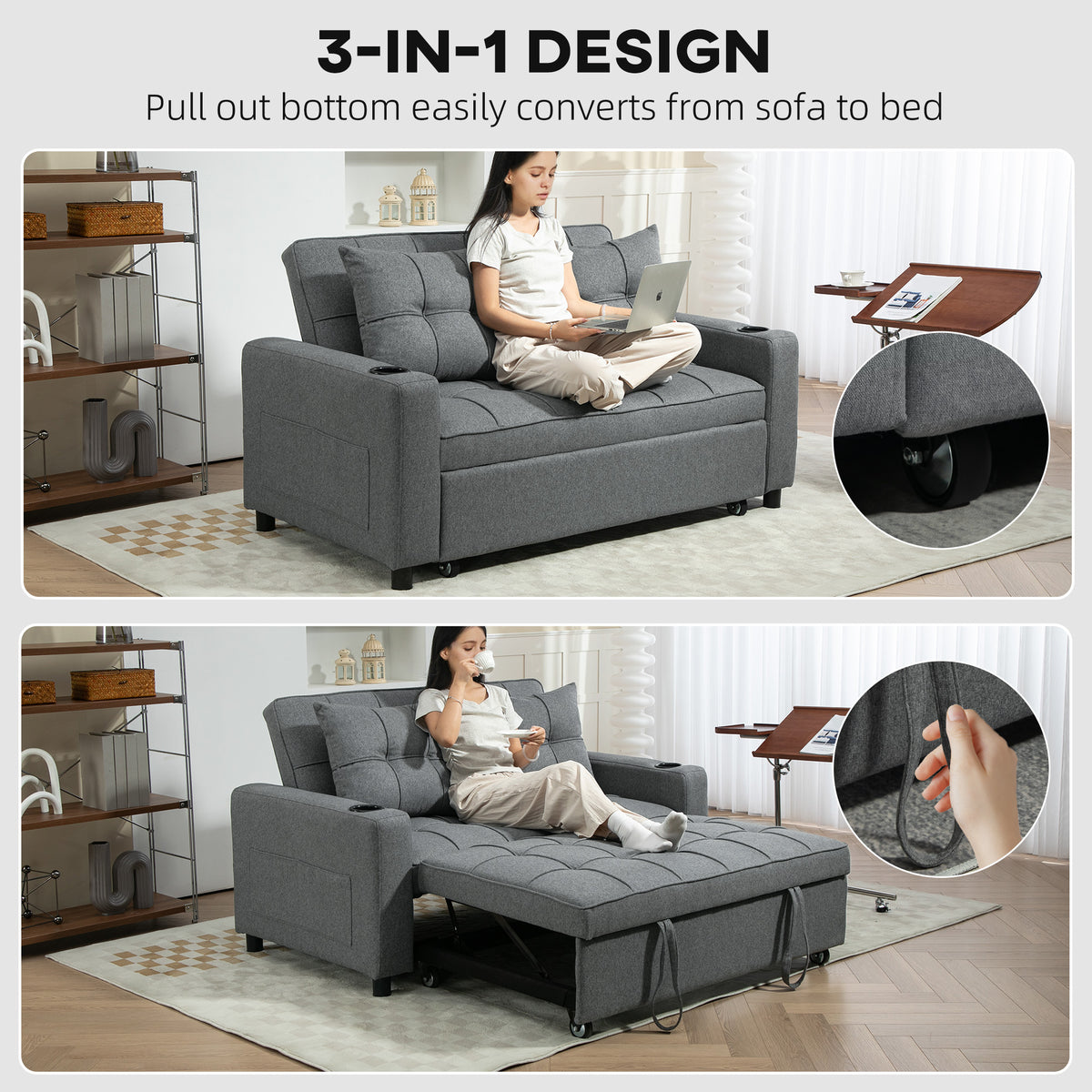 HOMCOM 2 Seater Sofa Bed Pull-Out Sofa Bed with 3-position adjustable backrest - Charcoal Grey