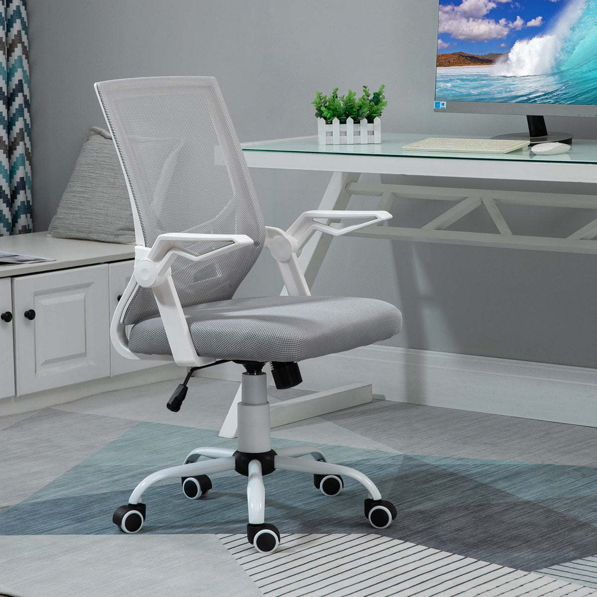 Vinsetto Office Chair with Flip-up Armrest, Mid Back Desk Chair with Mesh Back, Lumbar Support, Adjustable Height, Swivel Wheels for Home, Grey
