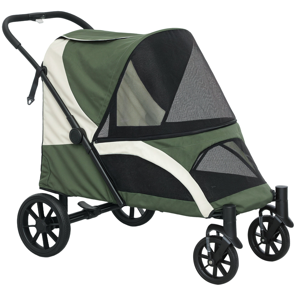 PawHut Foldable Pet Stroller for Medium Dogs with Four Big Wheels, Shock-Absorbing Frame, Safety Leashes, Brakes, Dark Green
