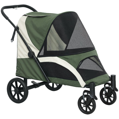 PawHut Foldable Pet Stroller for Medium Dogs with Four Big Wheels, Shock-Absorbing Frame, Safety Leashes, Brakes, Dark Green