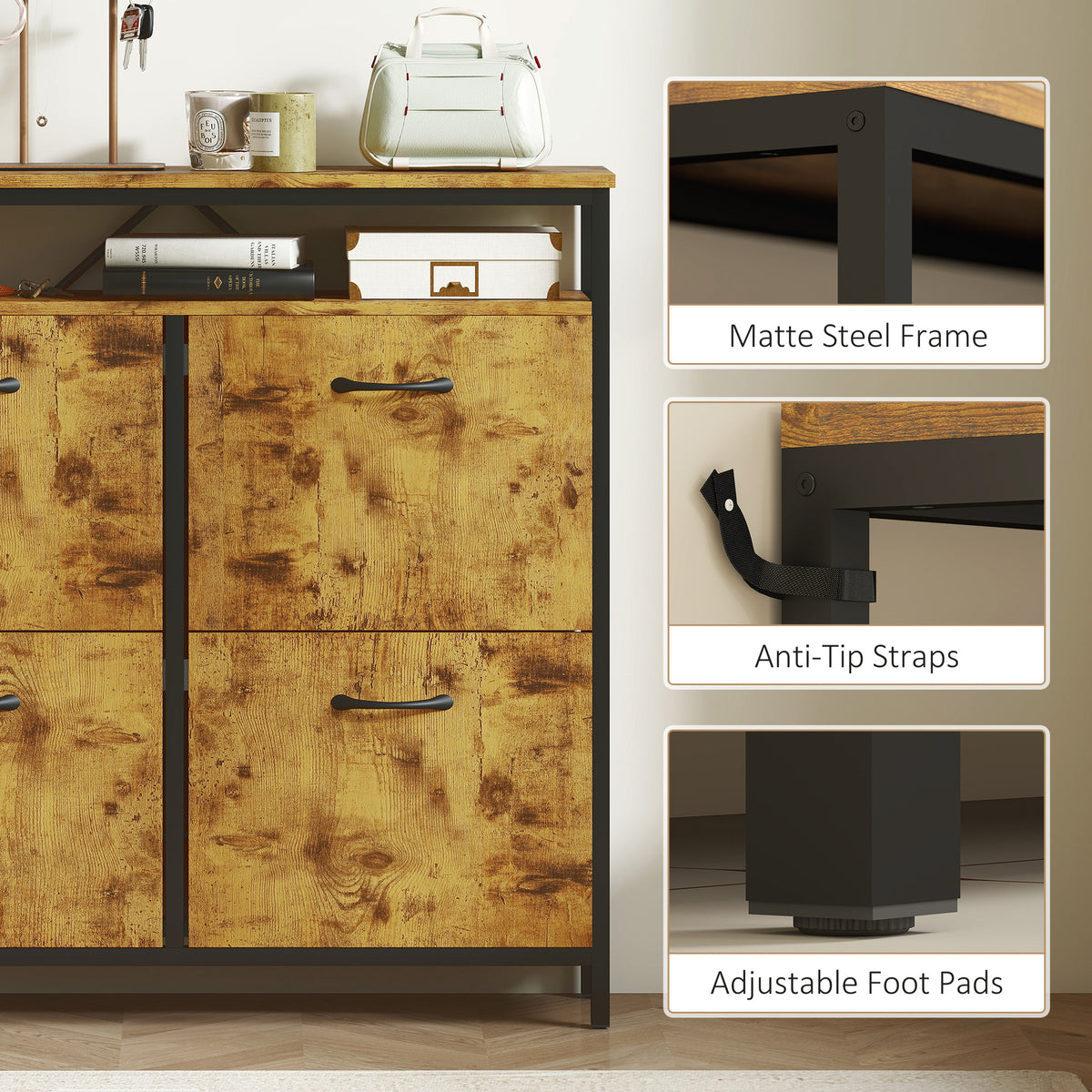 HOMCOM Shoe Storage Cabinet with 4 Flip Drawers and Open Shelf - Rustic Brown