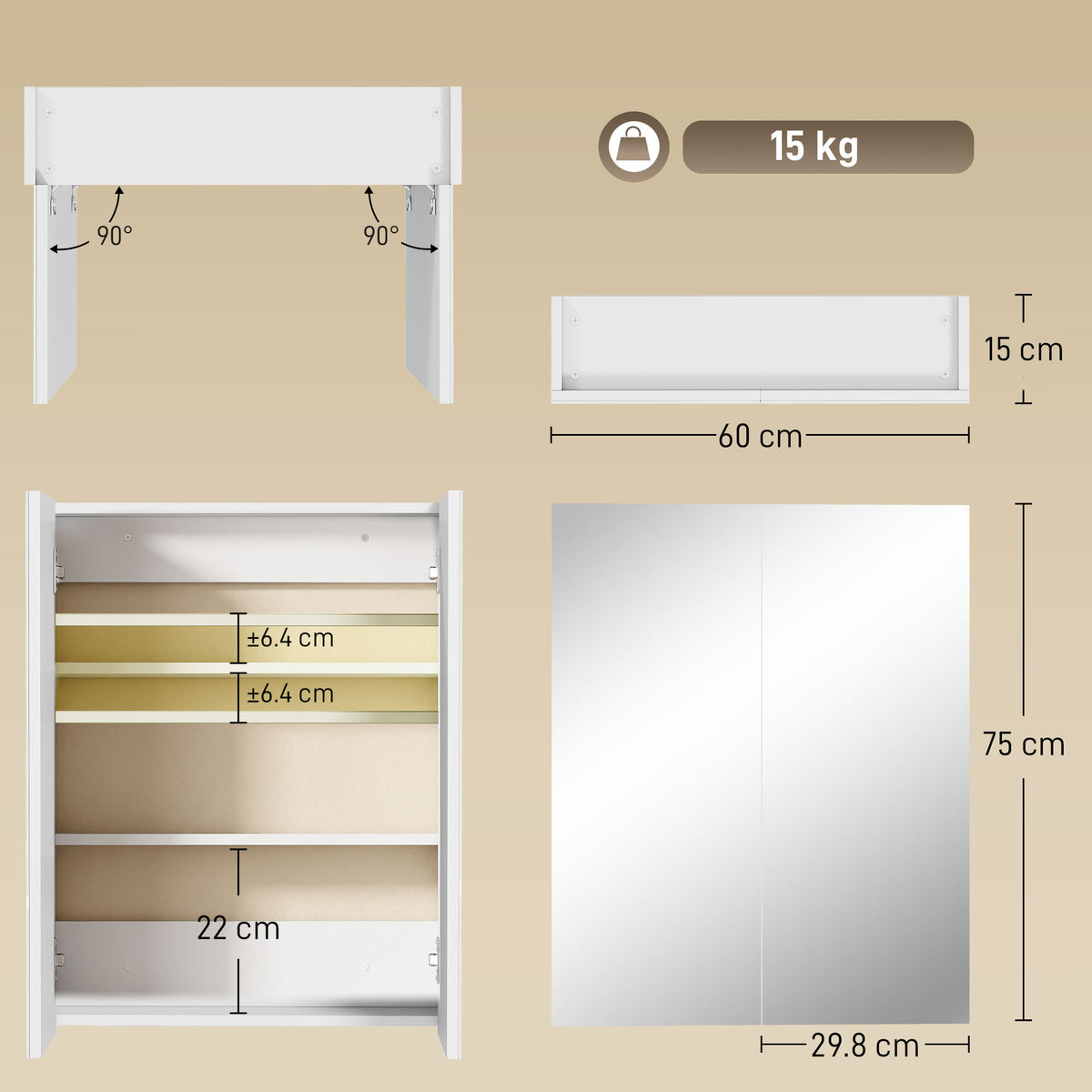 HOMCOM Wall Mounted Bathroom Mirror Storage Cabinet w/ Door Adjustable Shelf, White