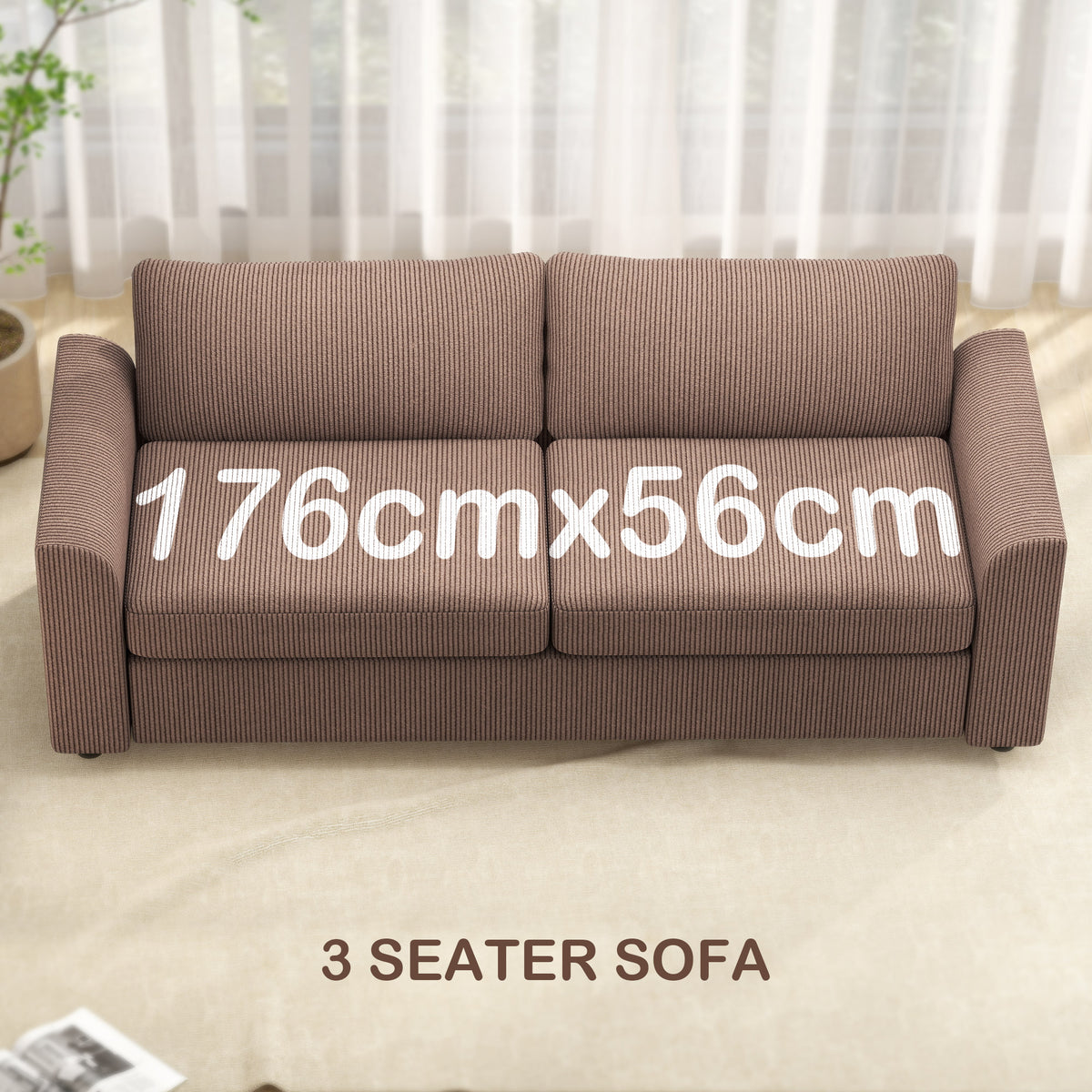 HOMCOM 3 Seater Sofa, 212cm Corduroy Couch with Spring Cushion, Wide and Deep Seat, Plush Backrest, 2 Pillows, Sofa Settee for Living Room, Home Office, Coffee