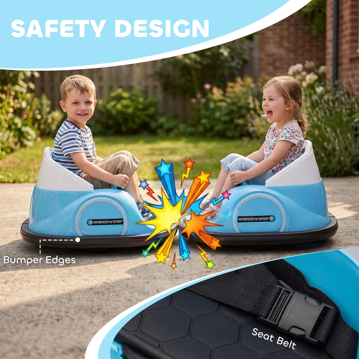 AIYAPLAY 360° Rotation Kids Bumper Car, 12V Waltz Car with Remote Control, Dual Joystick, Music, Lights, Light Blue