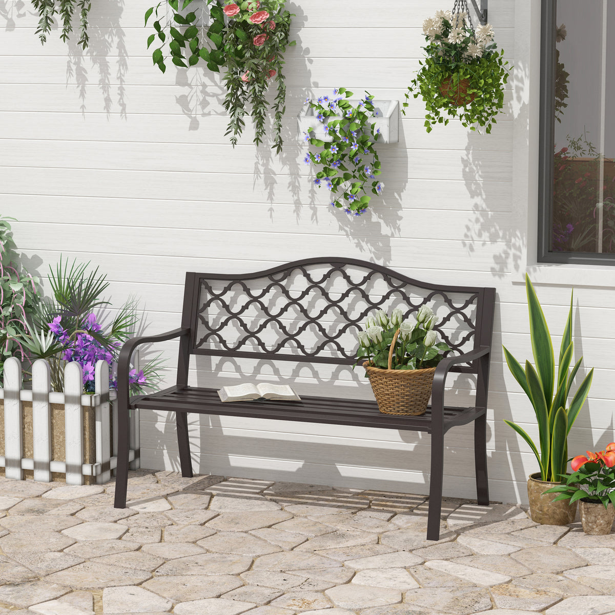 Outsunny Antique Style Outdoor Cast Iron Front Porch Bench Path Chair Seat, Brown