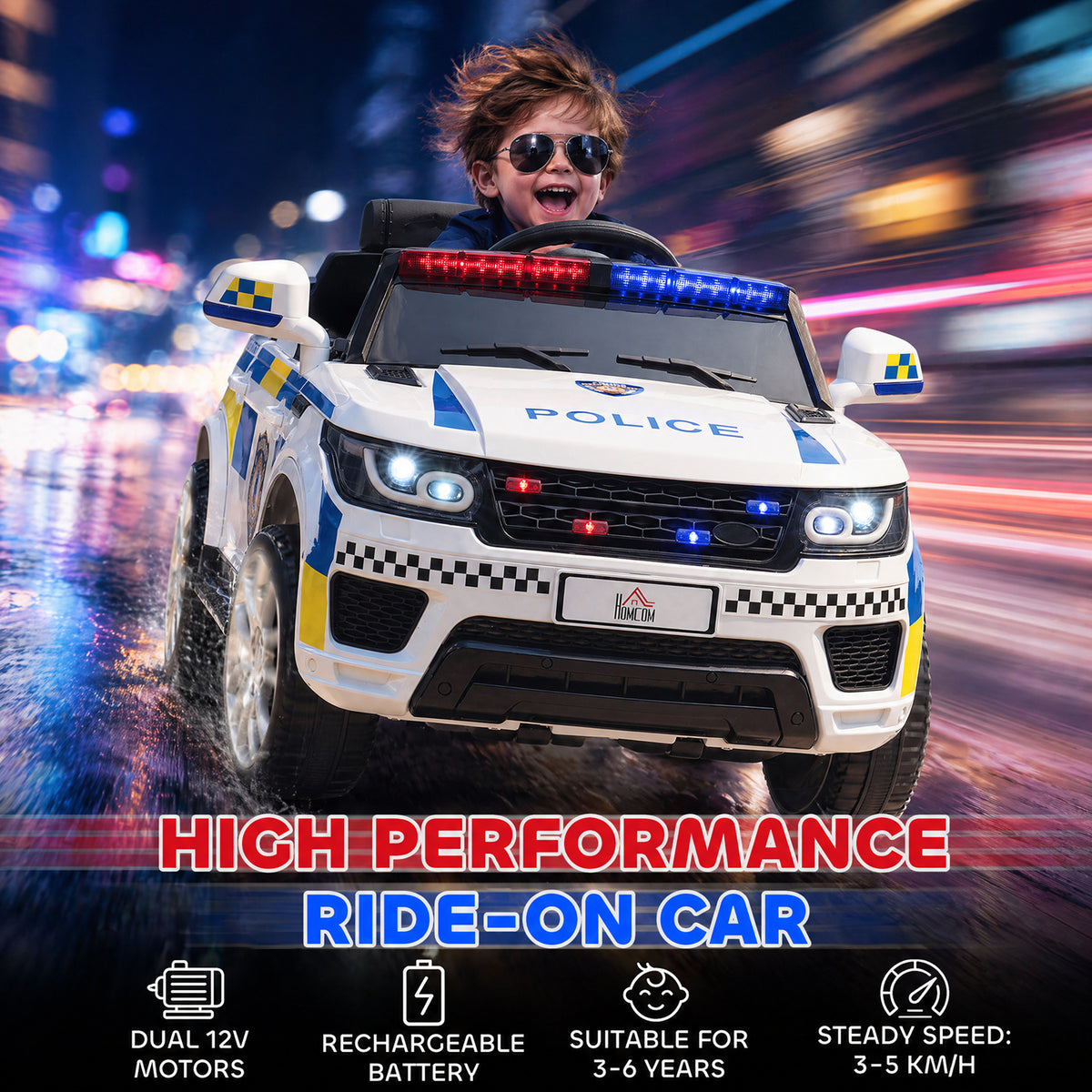 HOMCOM Ride on Police Kids Car 12V Electric Car for 3-6 Years with Remote Control Siren Flashing Lights Suspension, White