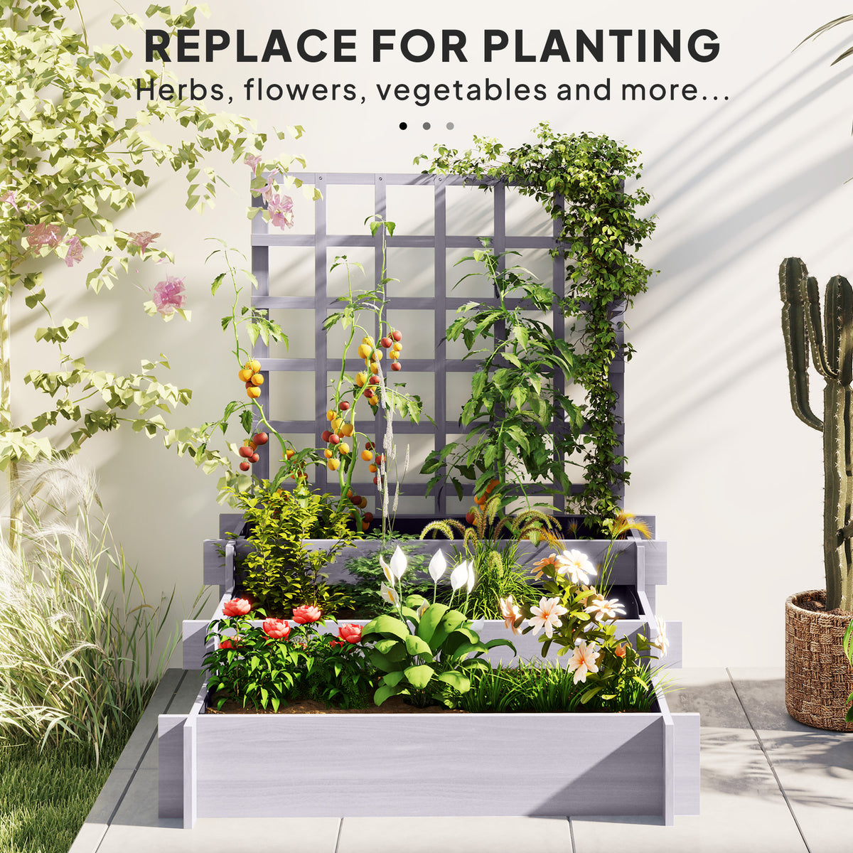 Outsunny 3 Tier Garden Planters with Trellis for Vine Climbing, Wooden Raised Beds, 95x95x110cm, Grey