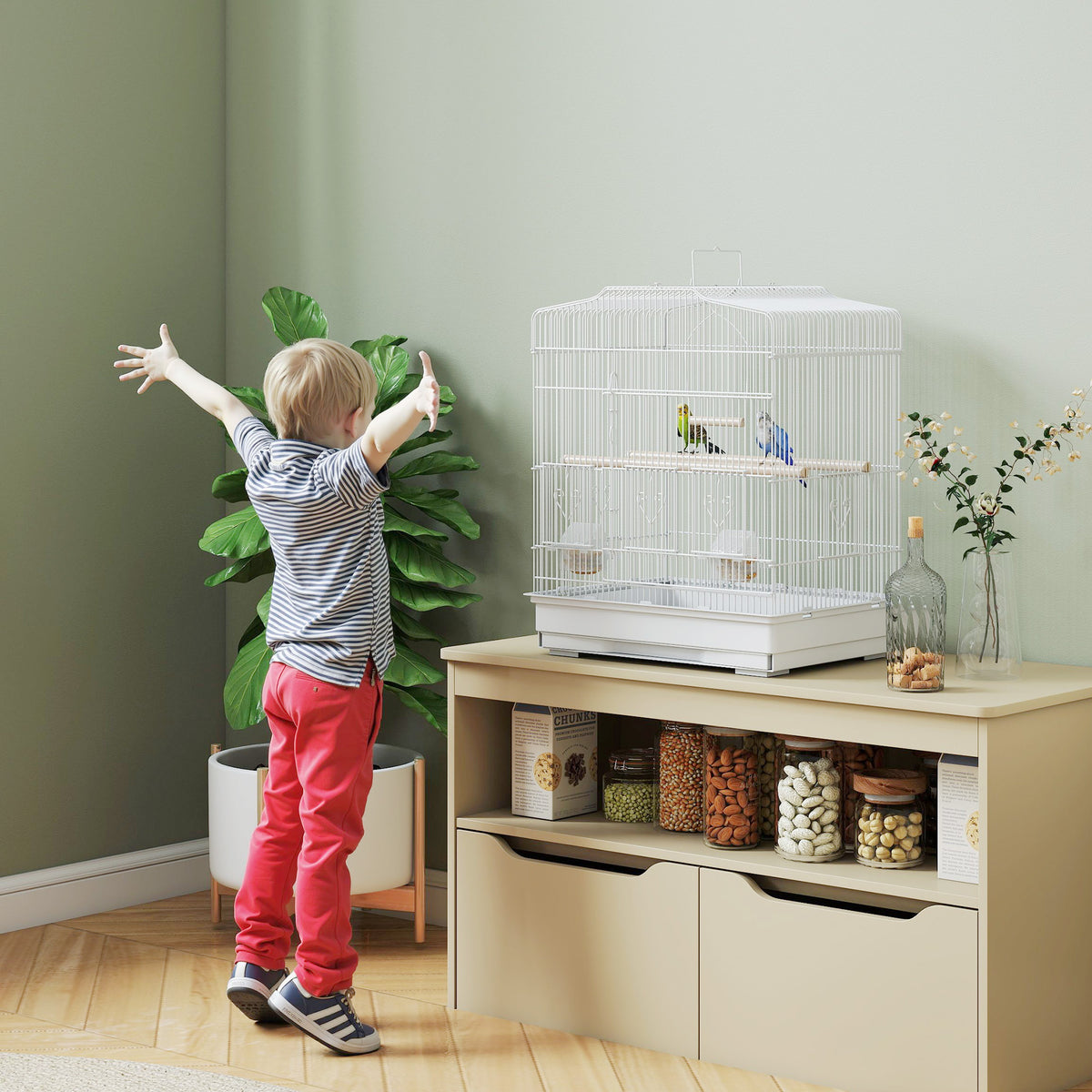 PawHut Large Metal Bird Cage with Perches, Food Bowls, Swing, for Budgies, Parakeets, White