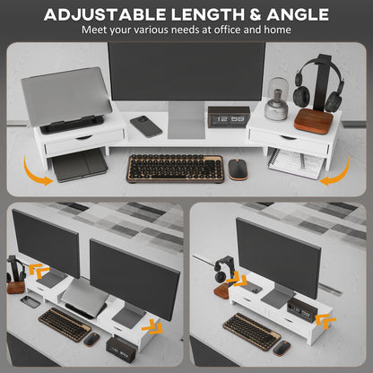 HOMCOM Dual Monitor Stand Riser with 2 Drawers, Adjustable Length and Angle, 116cm Monitor Riser for Laptop, Computer, PC, Small Printer, White