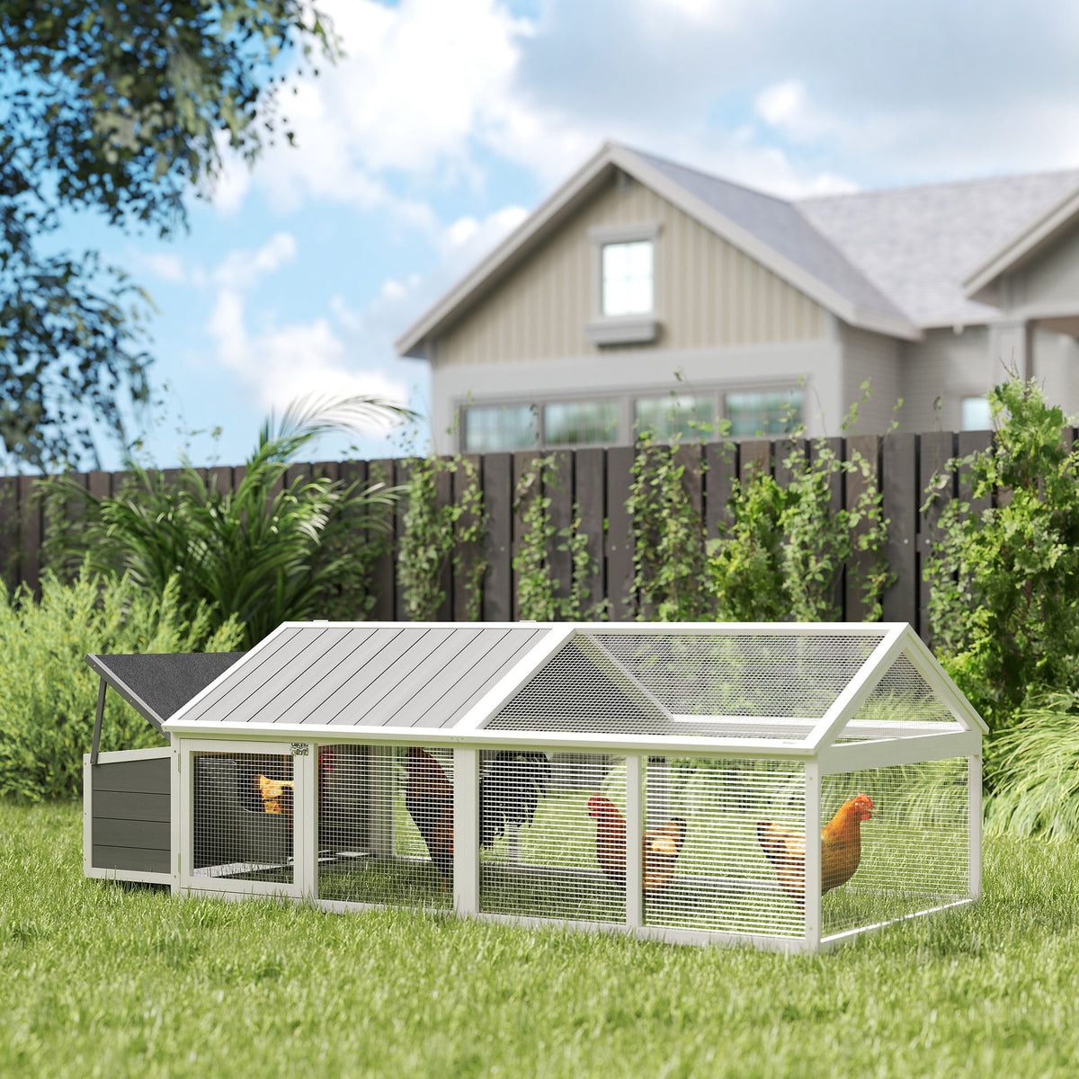PawHut Wooden Chicken Coop with Nesting Box, Openable Roof, for 4-8 Chickens, White