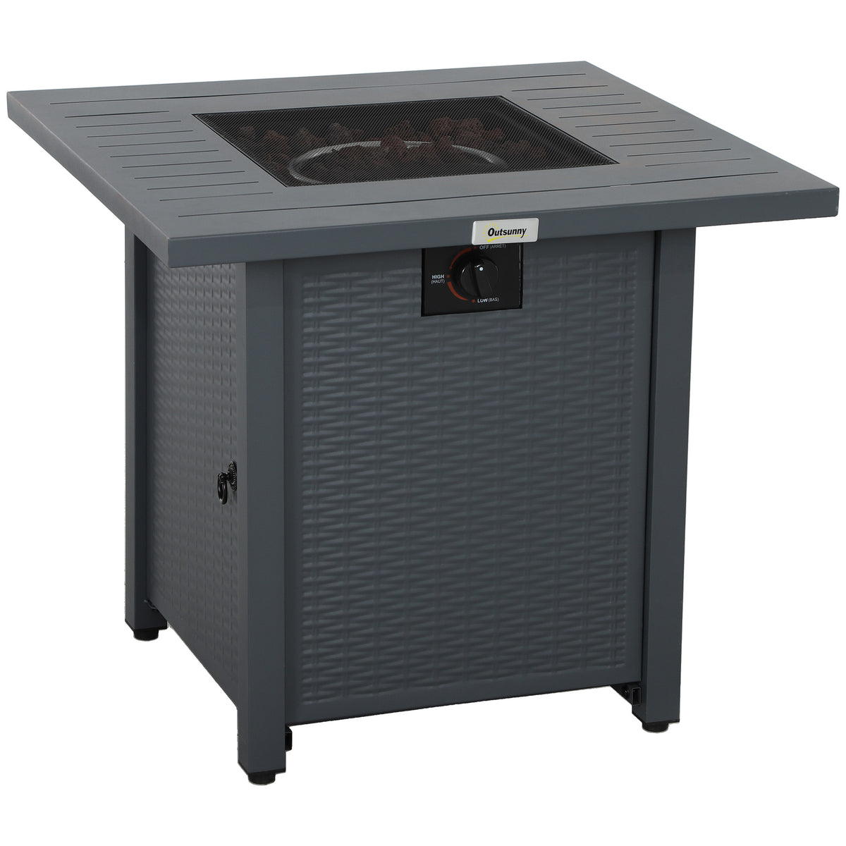 Outsunny Rattan-style Propane Gas Fire Pit Table with 40,000 BTU Burner, Square Smokeless Firepit Patio Heater with Thermocouple, Lava Rocks, Waterproof Cover, Spark Guard and Lid, Grey