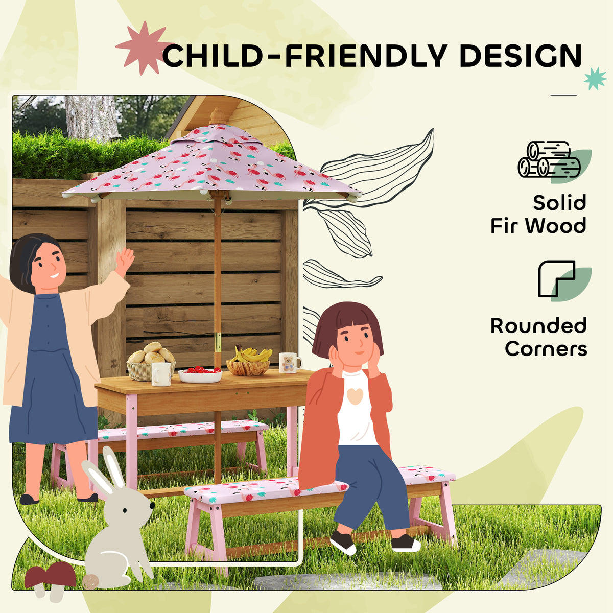 AIYAPLAY Kids Picnic Table Set with Removable & Foldable Umbrella, Storage Boxes, Flamingo Theme, Pink