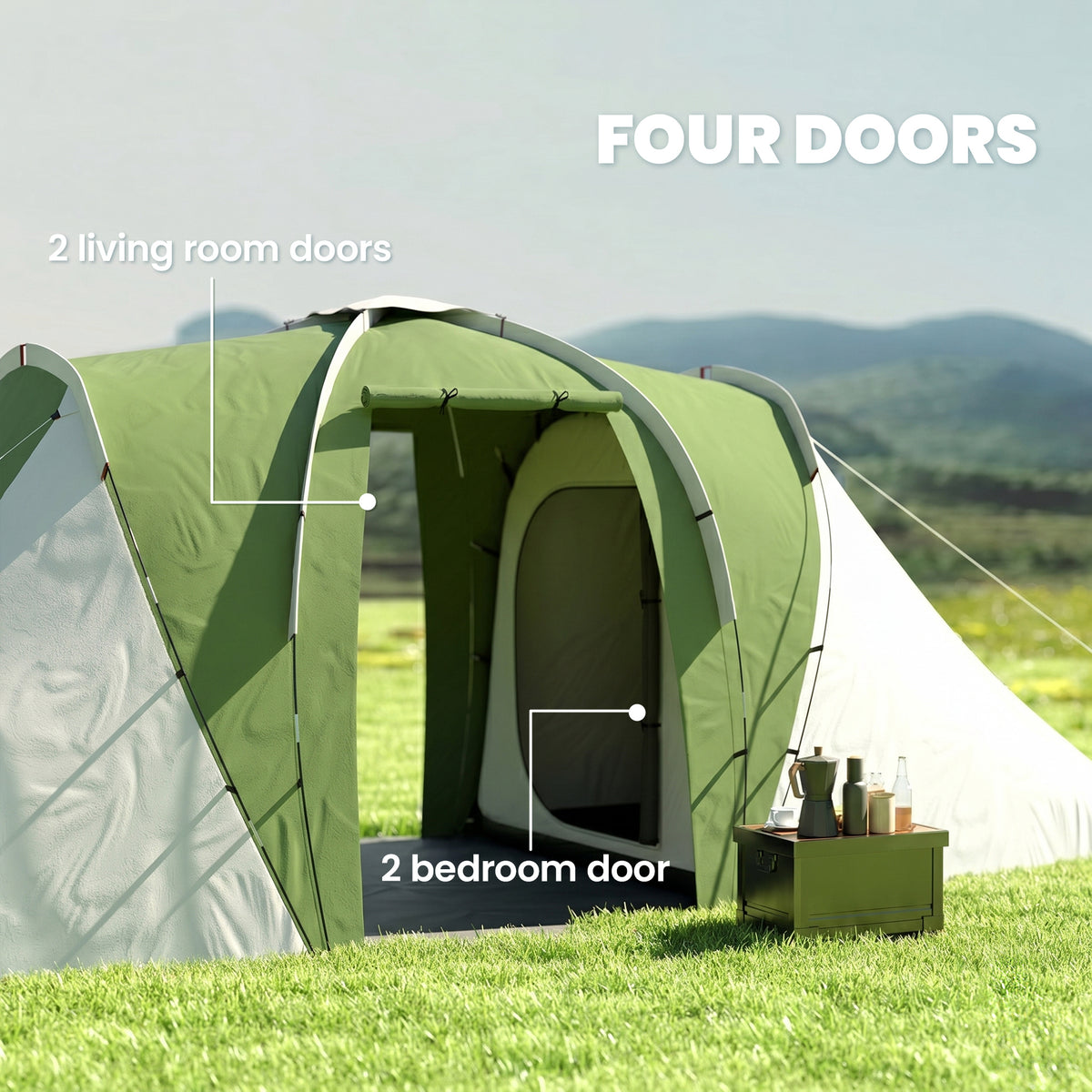Outsunny Large Camping Tent Tunnel Tent with 2 Bedroom and Living Area, 2000mm Waterproof, Portable with Bag for 4 Man, Green