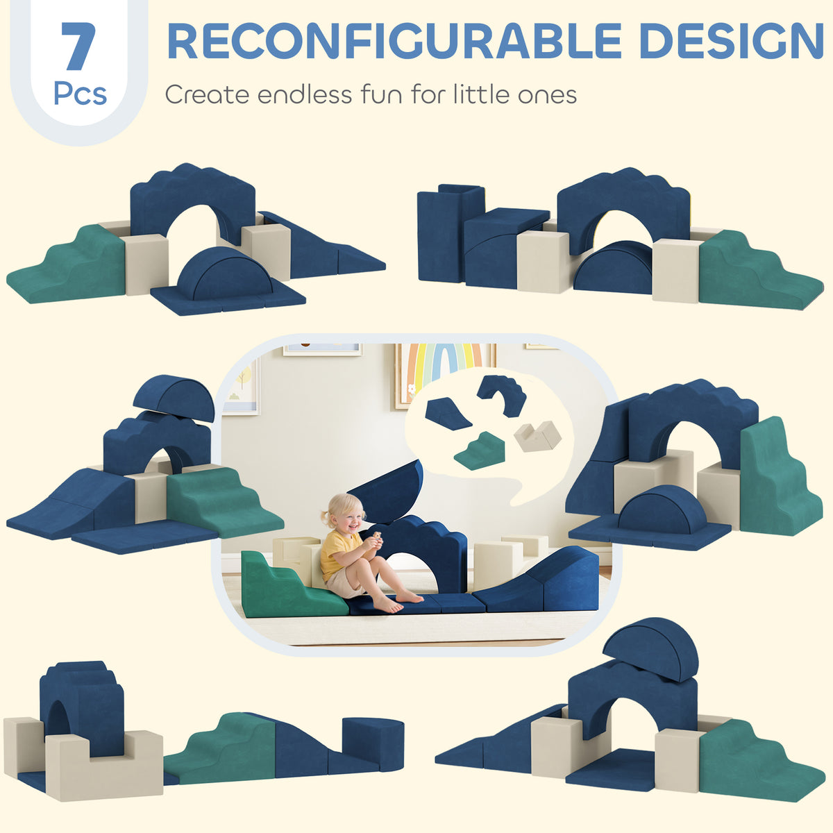 AIYAPLAY 7 Piece Kids Soft Play Set with Detachable Cover, Baby Indoor Climb and Crawl Foam Toy for Toddlers, Dark Blue