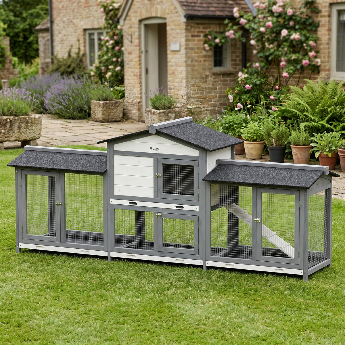 PawHut 2-Tier Large Rabbit Hutch Outdoor with Double Side Run Boxes, No-leak Plastic Tray, Ramp, 230 x 53 x 93.5cm, Light Grey