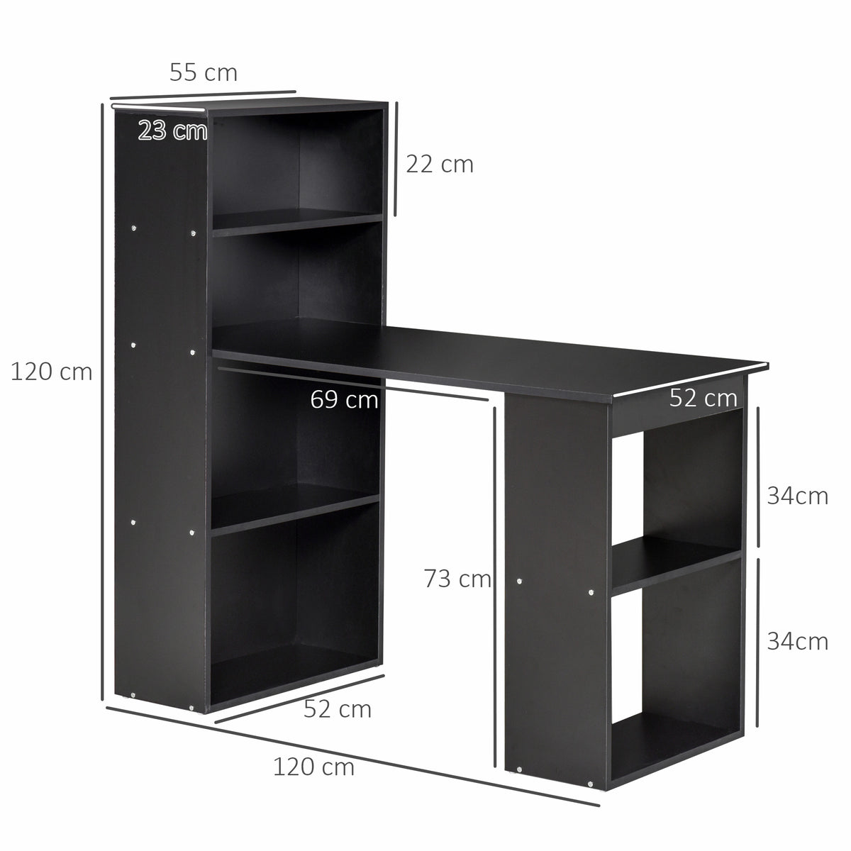 HOMCOM 120cm Computer Desk, Wooden PC Laptop Table with 6-Tier Storage Bookshelves, Home Office Working Study Desk, Writing Workstation, Black
