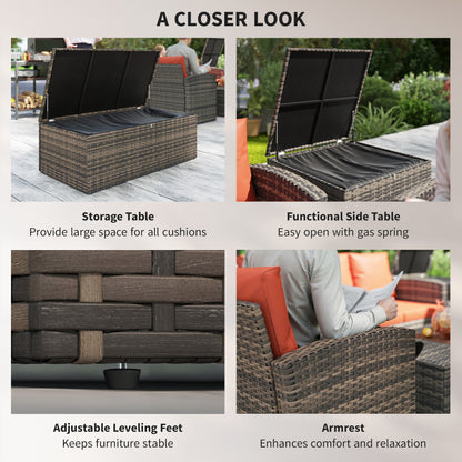 Outsunny 6 Pieces Rattan Garden Furniture Set, 7 Seater Wicker Outdoor Furniture Set with Storage Tea Table & Side Table, Sectional Garden Sofa Set with Cushions, Orange